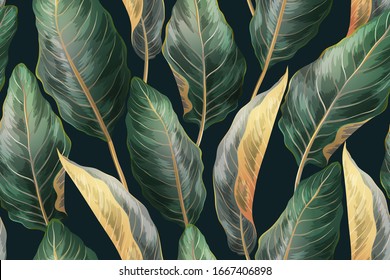 Vector vintage tropical seamless pattern. Botanical print with exotic leaves. Jungle background for textile, web, wrapping paper, packaging, cards.