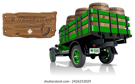 Vector vintage truck with beer barrels for Happy Saint Patrick Day Irish celebration design. Beer festival lettering on wood board. EPS-10 separated by groups and layers.