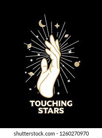 Vector vintage t-shirt, poster design. Mystical celestial illustration with hands, stars, planets and moon. 