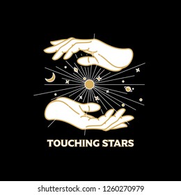 Vector vintage t-shirt, poster design. Mystical celestial illustration with hands, stars, planets and moon. 
