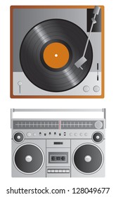 A vector vintage turntable and a vintage 1980s style boom box.