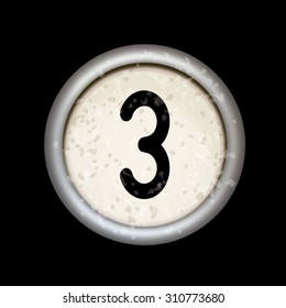 Vector vintage typewriter button "3". Isolated on black background. Letter/key of old typewriter. Eps 10.