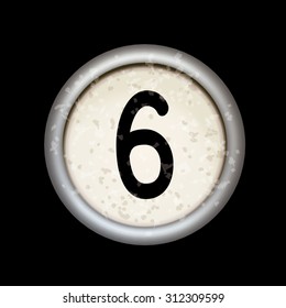 Vector vintage typewriter button "6". Isolated on black background. Letter/key of old typewriter. Eps 10.