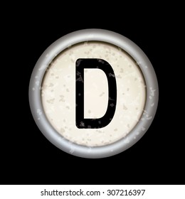 Vector vintage typewriter button "D". Isolated on black background. Letter/key of old typewriter. Eps 10.