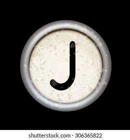 Vector vintage typewriter button "J". Isolated on black background. Letter/key of old typewriter. Eps 10.