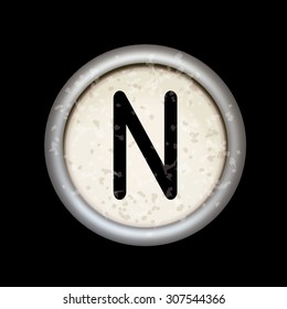 Vector vintage typewriter button "N". Isolated on black background. Letter/key of old typewriter. Eps 10.