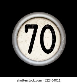 Vector vintage typewriter button seventy - "70". Isolated on black background. Letter/key of old typewriter. Eps 10.