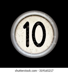 Vector vintage typewriter button ten - "10". Isolated on black background. Letter/key of old typewriter. Eps 10.
