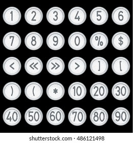 Vector vintage typewriter buttons - numbers (0 - 9, 10, 20, 30, 40, 50, 60, 70, 80, 90), brackets, percentage and darts. Isolated on black background. Letter/key of old typewriter.Silver. Eps 10.