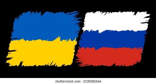 Vector vintage de Ucrania y banderas rusas. Dibujando banderas de Ucrania y Rusia al estilo de grunge.
