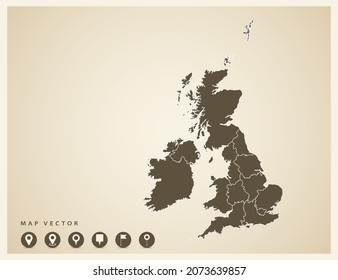 Vector vintage of United Kingdom (UK) map on old background.