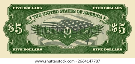 Vector vintage US 5 dollars bill, back side, eagle spread wings and American stars and stripes waving flag. Reverse with patterned guilloche mesh. United States of America. Money and finance, cash