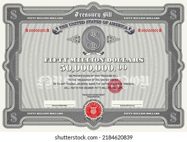 Vector vintage US 50 million dollars treasury bond. Retro frame with guilosh mesh. Valuable paper with a red seal