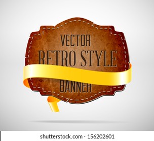 Vector vintage used worn leather die cut banner with yellow silky ribbon