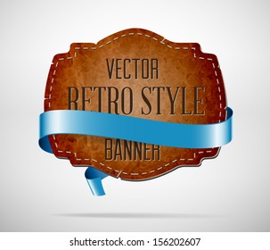 Vector vintage used worn leather die cut banner with blue silky ribbon