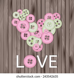 Vector Vintage Valentines day card with heart made of bright pink and green buttons