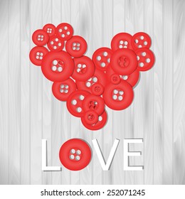 Vector Vintage Valentines day card with heart made of bright red buttons