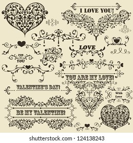 vector vintage Valentine's  highly detailed design elements, fully editable eps 8 file, standart AI fonts "rosewood std", "stencil bold  std", "cooper std"