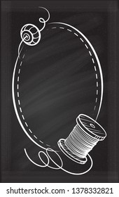 Vector vintage vertical oval frame with a tools for hand made on a chalkboard background