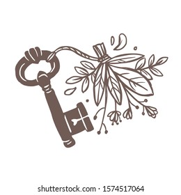 Vector vintage victorian key with tag or trinket made with flower bouquet, plants, foliage and leaves. Hand drawn creative concept for logo, emblem, label or symbol. Sketch illustration