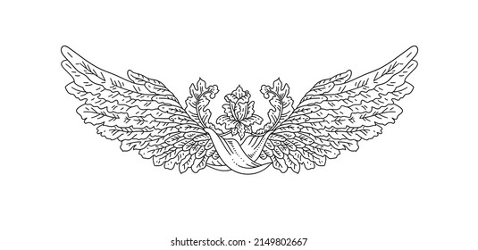 Vector vintage vignette of angel bird wings with flowers and ribbon, heraldic decorative element in antique style as black outline illustration isolated on white