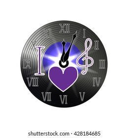 Vector vintage vinyl plate clock with symbol I love music
