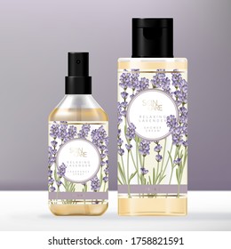 Artículos de aseo Vector Violet Lavender con botella de alcohol o fragancia transparente y envase de frasco con cubierta de la cubierta de la crema de la ducha transparente.