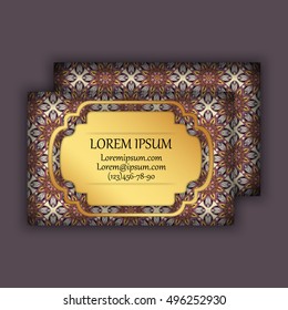 Vector vintage visiting or business card set. Floral mandala pattern and ornaments. Oriental design Layout. Islam, Arabic, Indian, ottoman motifs. Front page and back page.