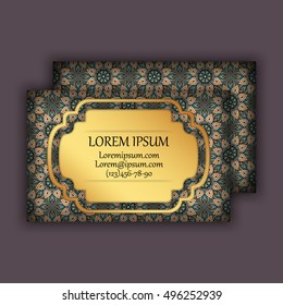 Vector vintage visiting or business card set. Floral mandala pattern and ornaments. Oriental design Layout. Islam, Arabic, Indian, ottoman motifs. Front page and back page.
