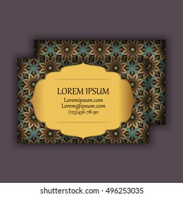 Vector vintage visiting or business card set. Floral mandala pattern and ornaments. Oriental design Layout. Islam, Arabic, Indian, ottoman motifs. Front page and back page.