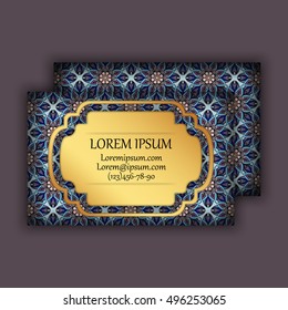 Vector vintage visiting or business card set. Floral mandala pattern and ornaments. Oriental design Layout. Islam, Arabic, Indian, ottoman motifs. Front page and back page.