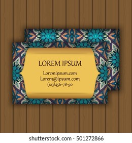 Vector vintage visiting or business card set. Floral mandala pattern and ornaments. Oriental design Layout. Islam, Arabic, Indian, ottoman motifs. Front page and back page.