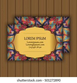 Vector vintage visiting or business card set. Floral mandala pattern and ornaments. Oriental design Layout. Islam, Arabic, Indian, ottoman motifs. Front page and back page.