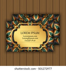 Vector vintage visiting or business card set. Floral mandala pattern and ornaments. Oriental design Layout. Islam, Arabic, Indian, ottoman motifs. Front page and back page.