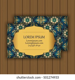 Vector vintage visiting or business card set. Floral mandala pattern and ornaments. Oriental design Layout. Islam, Arabic, Indian, ottoman motifs. Front page and back page.