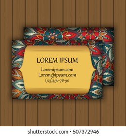 Vector vintage visiting or business card set. Floral mandala pattern and ornaments. Oriental design Layout. Islam, Arabic, Indian, ottoman motifs. Front page and back page.