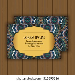 Vector vintage visiting or business card set. Floral mandala pattern and ornaments. Oriental design Layout. Islam, Arabic, Indian, ottoman motifs. Front page and back page.