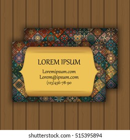 Vector vintage visiting or business card set. Tile mosaic pattern and ornaments. Oriental design Layout. Islam, Arabic, Indian, ottoman motifs. Front page and back page.