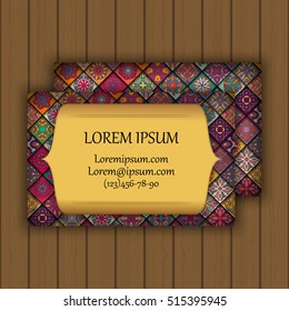 Vector vintage visiting or business card set. Tile mosaic pattern and ornaments. Oriental design Layout. Islam, Arabic, Indian, ottoman motifs. Front page and back page.