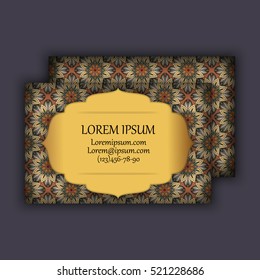 Vector vintage visiting or business card set. Floral mandala pattern and ornaments. Oriental design Layout. Islam, Arabic, Indian, ottoman motifs. Front page and back page.