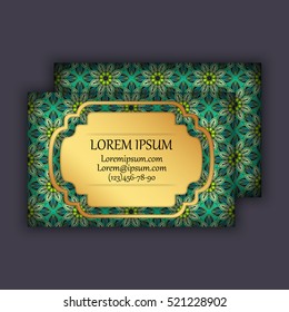 Vector vintage visiting or business card set. Floral mandala pattern and ornaments. Oriental design Layout. Islam, Arabic, Indian, ottoman motifs. Front page and back page.