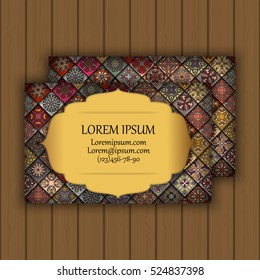 Vector vintage visiting or business card set. Floral mandala pattern and ornaments. Oriental design Layout. Islam, Arabic, Indian, ottoman motifs. Front page and back page.