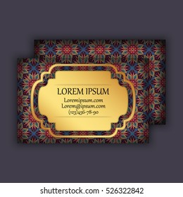 Vector vintage visiting or business card set. Floral mandala pattern and ornaments. Oriental design Layout. Islam, Arabic, Indian, ottoman motifs. Front page and back page.