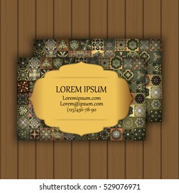 Vector vintage visiting or business card set. Floral mandala pattern and ornaments. Oriental design Layout. Islam, Arabic, Indian, ottoman motifs. Front page and back page.