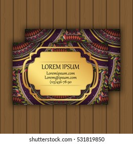 Vector vintage visiting or business card set. Floral mandala pattern and ornaments. Oriental design Layout. Islam, Arabic, Indian, ottoman motifs. Front page and back page.