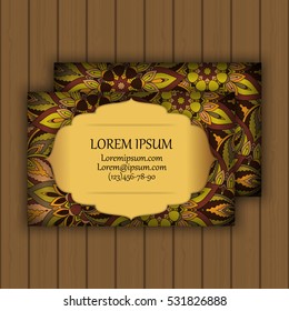 Vector vintage visiting or business card set. Floral mandala pattern and ornaments. Oriental design Layout. Islam, Arabic, Indian, ottoman motifs. Front page and back page.