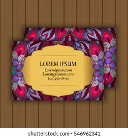 Vector vintage visiting or business card set. Floral mandala pattern and ornaments. Oriental design Layout. Islam, Arabic, Indian, ottoman motifs. Front page and back page.