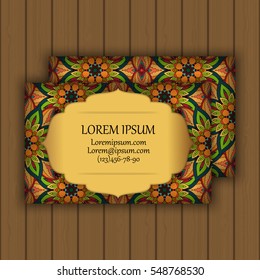 Vector vintage visiting or business card set. Floral mandala pattern and ornaments. Oriental design Layout. Islam, Arabic, Indian, ottoman motifs. Front page and back page.