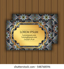 Vector vintage visiting or business card set. Floral mandala pattern and ornaments. Oriental design Layout. Islam, Arabic, Indian, ottoman motifs. Front page and back page.