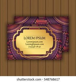 Vector vintage visiting or business card set. Floral mandala pattern and ornaments. Oriental design Layout. Islam, Arabic, Indian, ottoman motifs. Front page and back page.